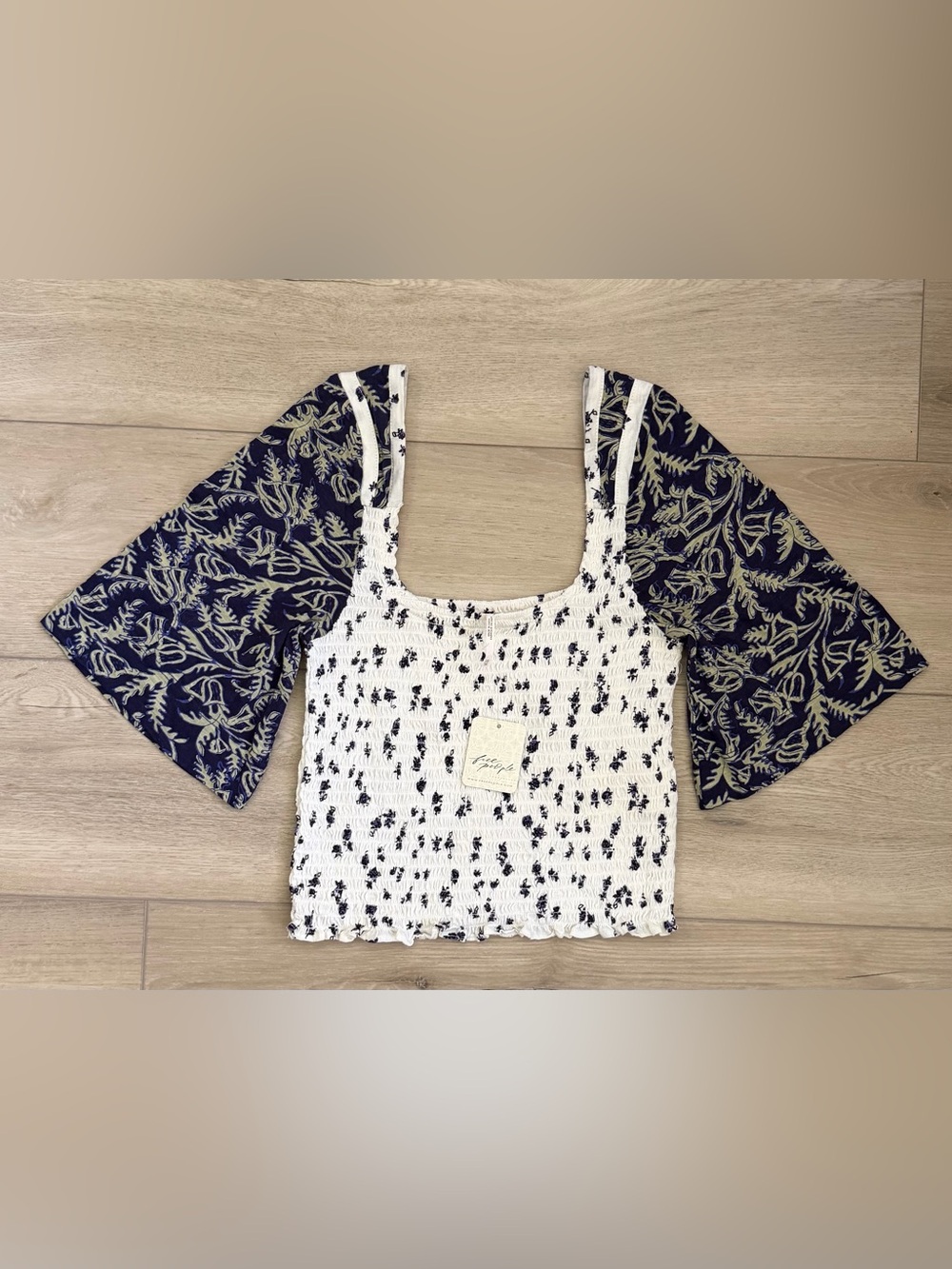 Free People Navy Combo Smocked Floral Bell Sleeve Crop Top